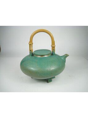 Vintage Stoneware Teapot Bamboo Handle Signed Footed Artisan Pottery Studio